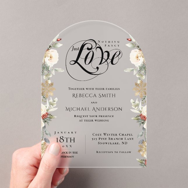 Just Love Elegant Floral Arch Winter Wedding Acrylic Invitations (Insitu (Handheld))