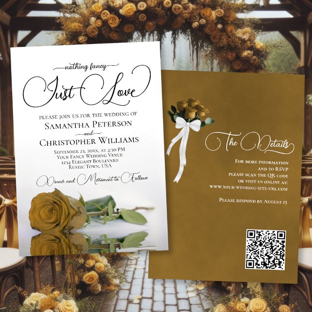 Just Love Elegant Gold Ochre Rose QR Code Wedding Invitation (Front/Back)