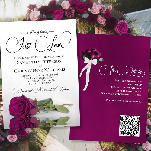 Just Love Elegant Magenta Rose QR Code Wedding Invitation