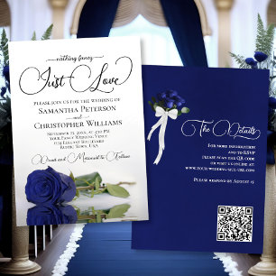 Just Love Elegant Navy Blue Rose QR Code Wedding Invitation