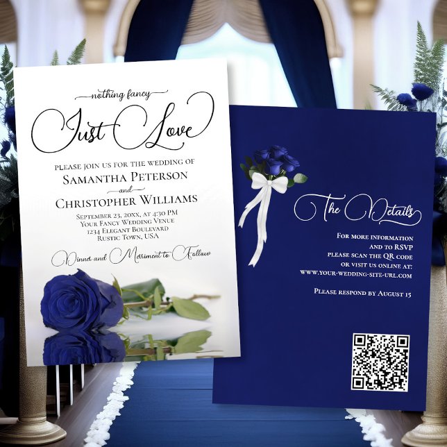 Just Love Elegant Navy Blue Rose QR Code Wedding Invitation (Front/Back)