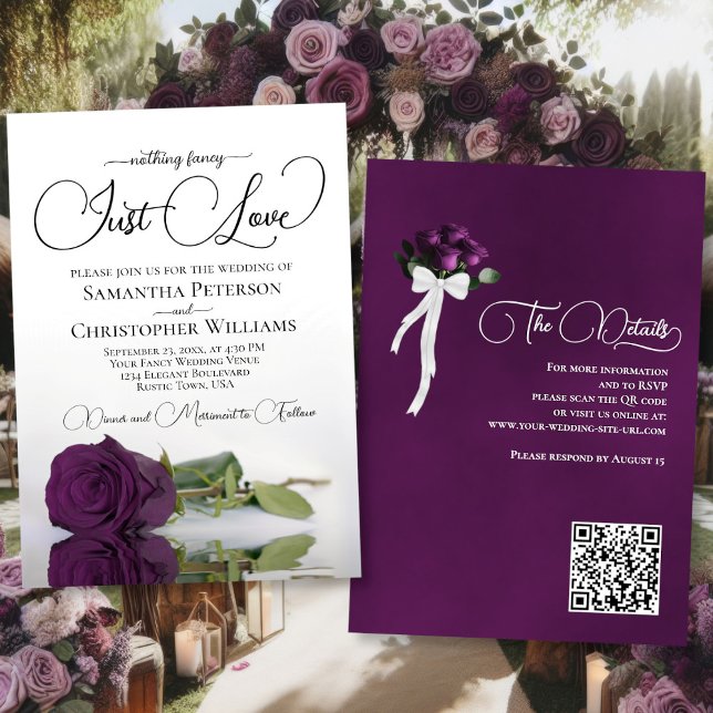 Just Love Elegant Plum Purple Rose QR Code Wedding Invitation (Front/Back)