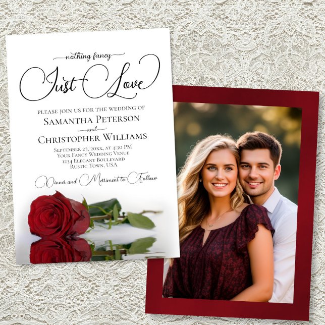 Just Love Elegant Red Rose Wedding Photo Back Invitation (Front/Back)