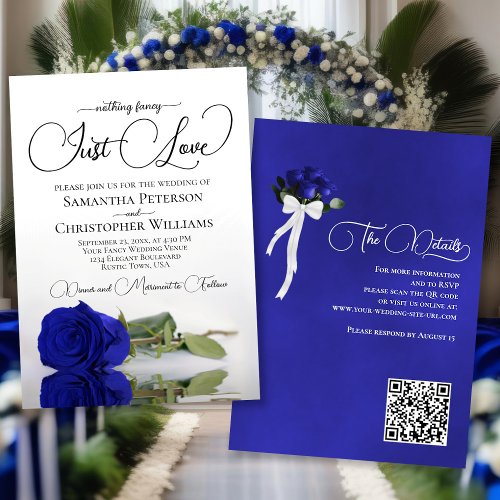 Just Love Elegant Royal Blue Rose QR Code Wedding Invitation
