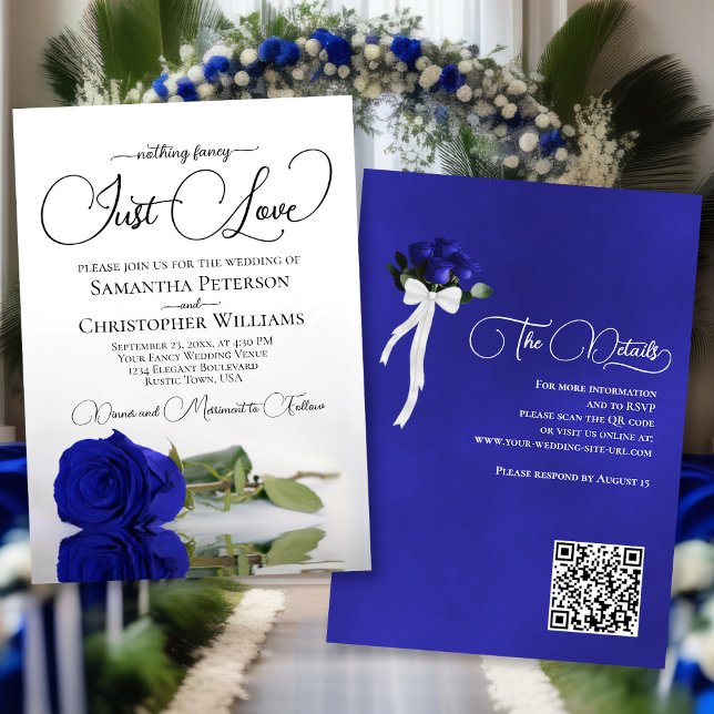 Just Love Elegant Royal Blue Rose QR Code Wedding Invitation (Front/Back)