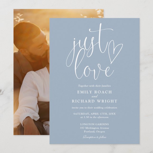 Just Love Elegant Script Photo Dusty Blue Wedding Invitation (Front/Back)