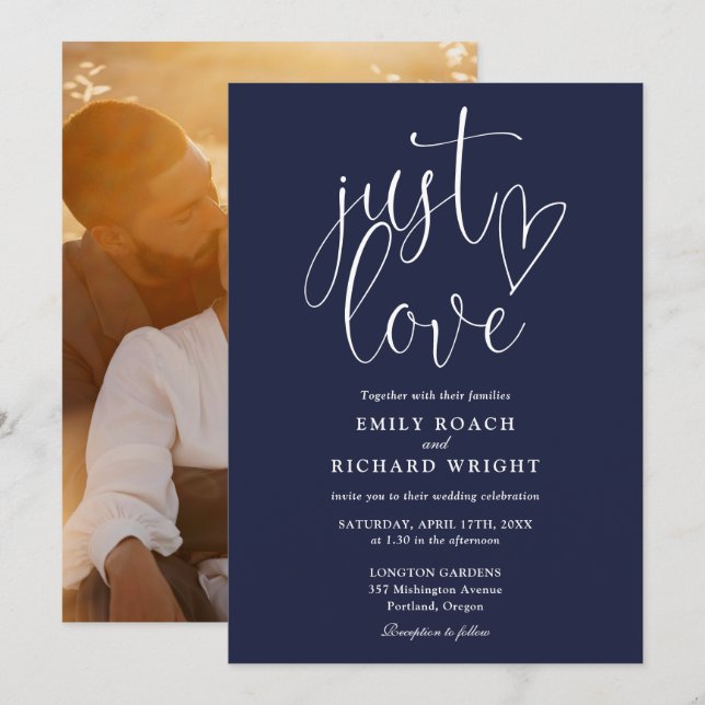 Just Love Elegant Script Photo Navy Blue Wedding Invitation (Front/Back)