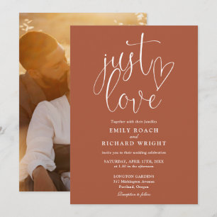 Just Love Elegant Script Photo Terracotta Wedding Invitation
