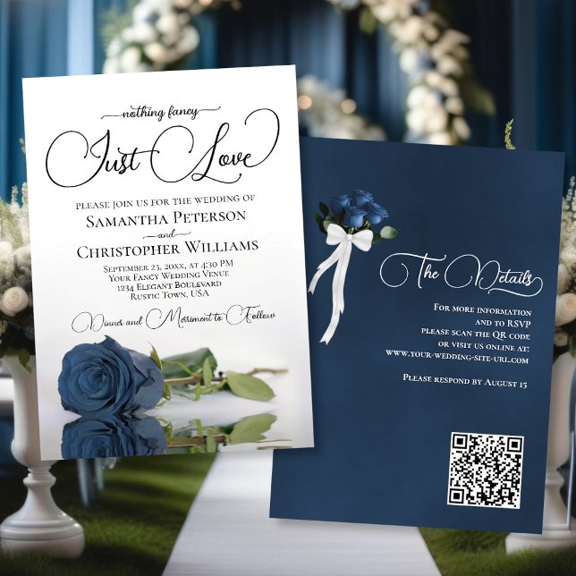 Just Love Elegant Steel Blue Rose QR Code Wedding Invitation (Front/Back)