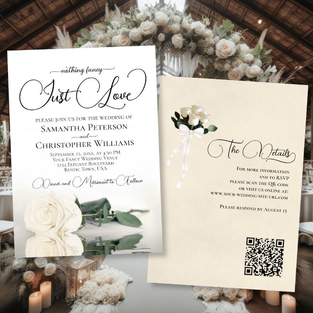 Just Love Elegant White Rose QR Code Wedding Invitation (Front/Back)