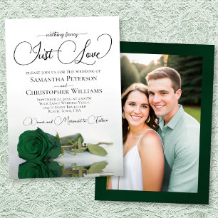 Just Love Emerald Green Rose Photo on Back Wedding Invitation