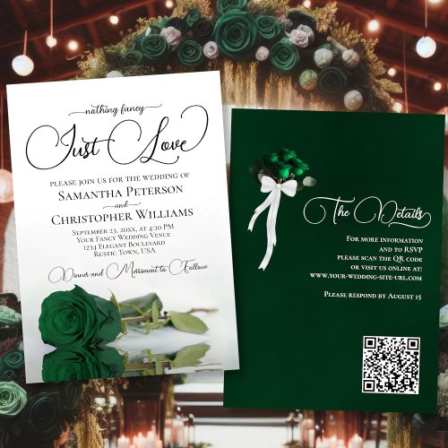 Just Love Emerald Green Rose QR Code Wedding Invitation