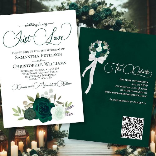 Just Love Emerald Green Roses Boho QR Code Wedding Invitation
