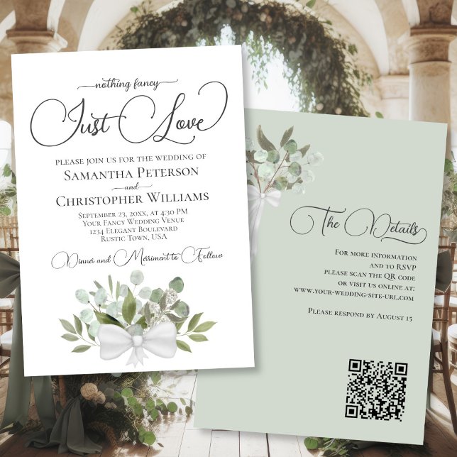 Just Love Eucalyptus Bouquet QR Code Wedding Invitation (Front/Back)