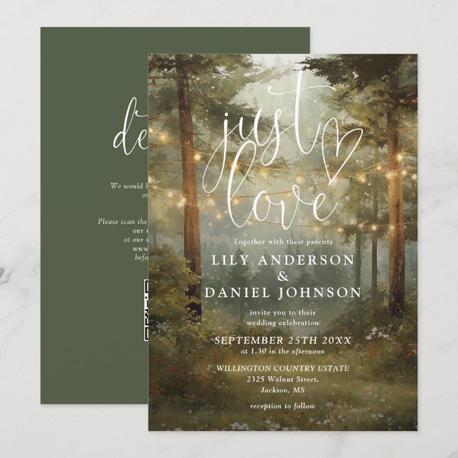 Just Love Forest String Lights QR Code Wedding Invitation (Front/Back)