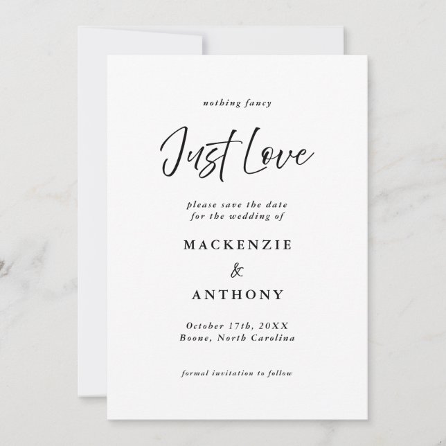 Just Love Handwritten Script Black & White Save The Date (Front)