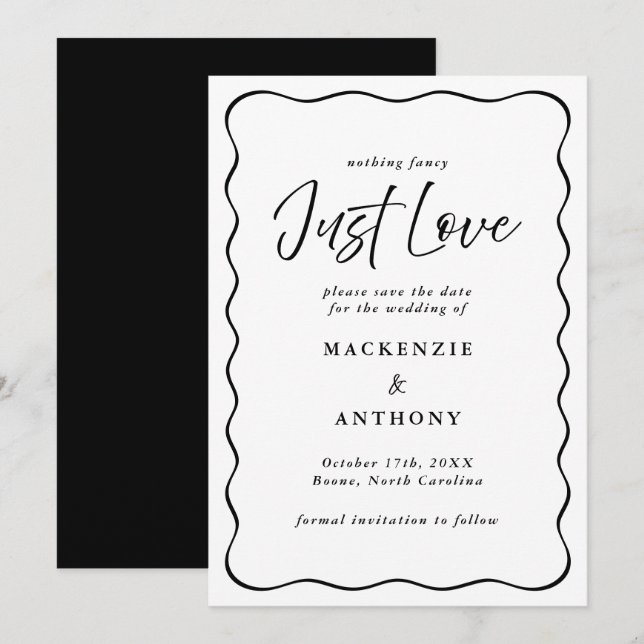 Just Love Handwritten Wavy Frame Black & White Save The Date (Front/Back)