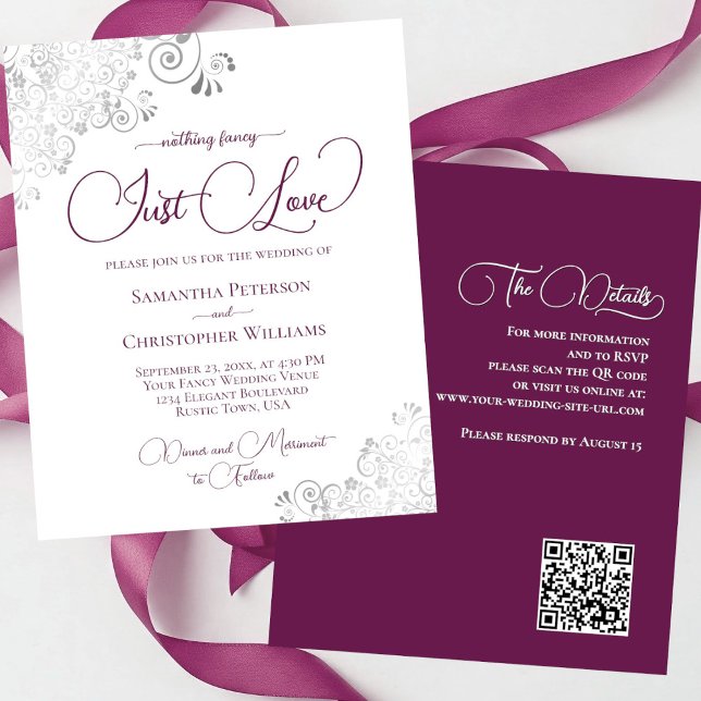 Just Love Magenta QR Code BUDGET Wedding Invite (front/back)