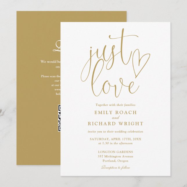 Just Love Modern QR Code Chic Gold Wedding Invitation (Front/Back)