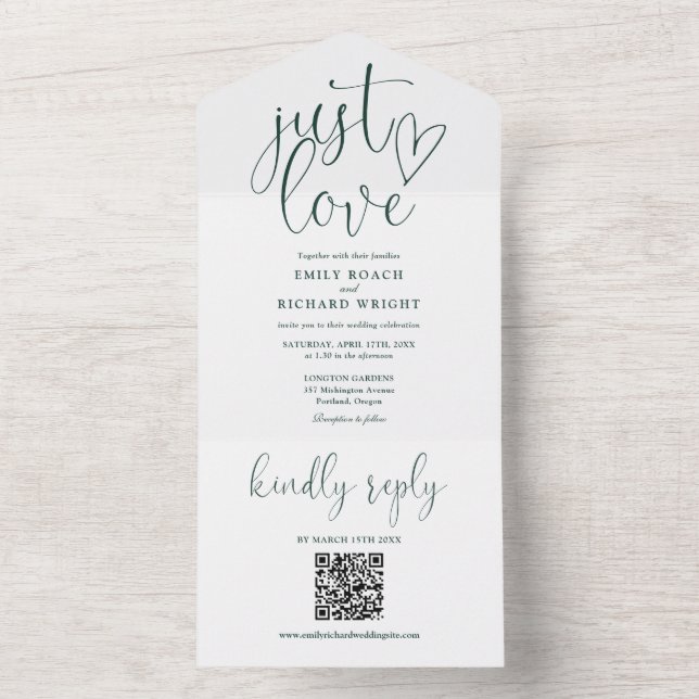 Just Love Modern QR Code Emerald Green Wedding All In One Invitation (Inside)