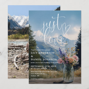 Just Love Mountain Floral Mason Jar Photo Wedding Invitation