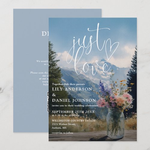 Just Love Mountain Rustic Floral QR Code Wedding Invitation