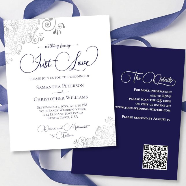Just Love Navy Blue QR Code BUDGET Wedding Invite (Front/Back)