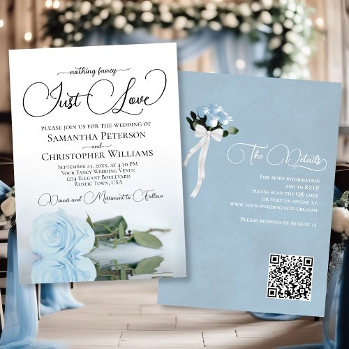 Just Love Pale Dusty Blue Rose QR Code Wedding Invitation