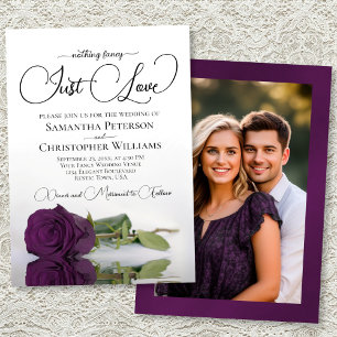 Just Love Plum Purple Rose Photo on Back Wedding Invitation