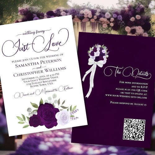 Just Love Purple Roses QR Code Boho Floral Wedding Invitation