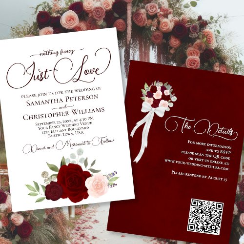 Just Love Red  Pink Roses Boho QR Code Wedding Invitation