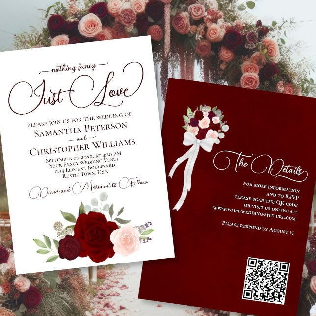 Just Love Red & Pink Roses Boho QR Code Wedding Invitation (Front/Back)