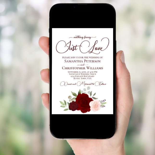 Just Love Red & Pink Roses Boho QR Code Wedding Invitation (Front Digital)