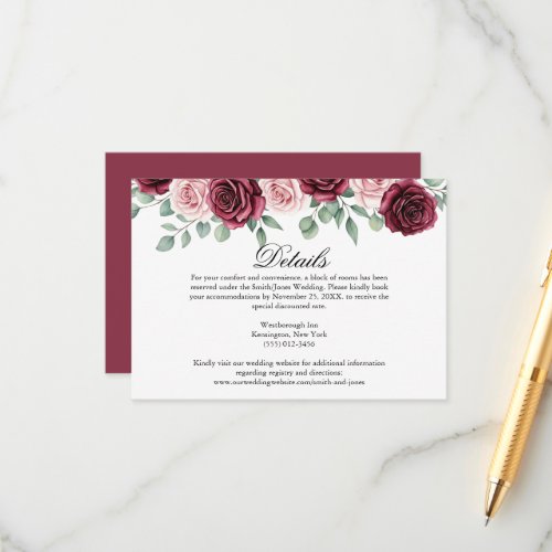 Just Love Red Pink Roses Boho Wedding details card