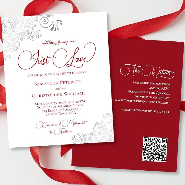 Just Love Red Silver QR Code BUDGET Wedding Invite (front/back)