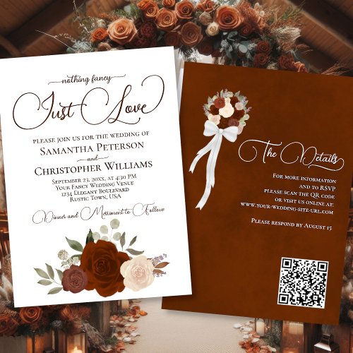 Just Love Rust Orange Boho Floral QR Code Wedding Invitation