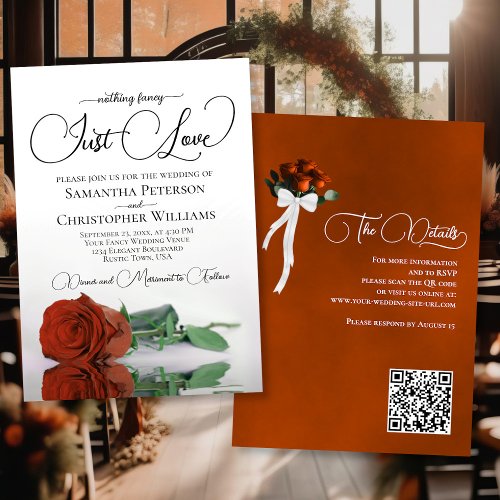 Just Love Rust Orange Rose QR Code Wedding Invitation