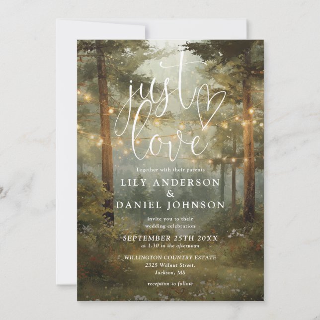 Just Love Rustic Boho Forest String Lights Wedding Invitation (Front)