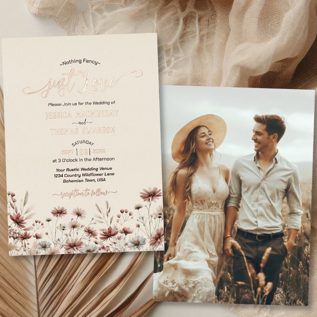 Just Love Rustic Boho Wildflowers Elegant Wedding Foil Invitation (Front/Back)