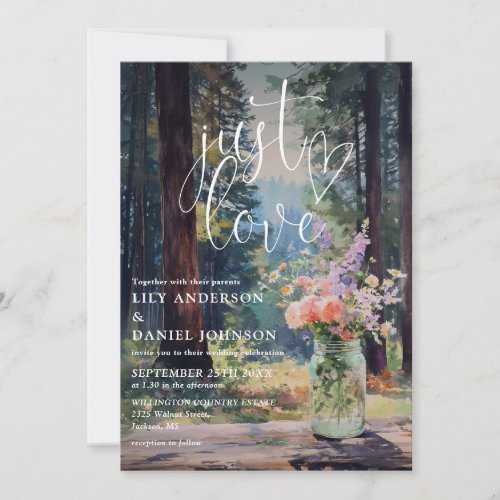 Just Love Rustic Forest Floral Mason Jar Wedding Invitation