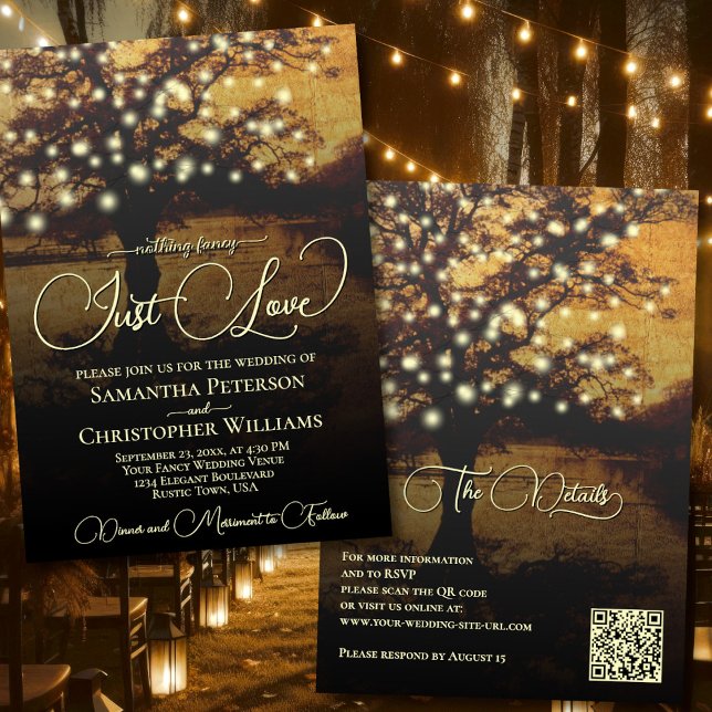 Just Love Rustic Tree & Lights QR Code Wedding Invitation (Front/Back)