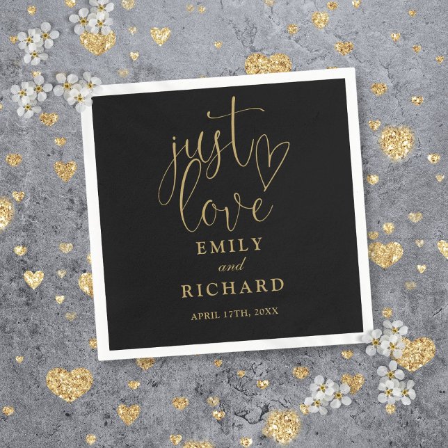 Just Love Script Elegant Black And Gold Wedding Napkins (Just Love Script Elegant Black And Gold Wedding Napkins)