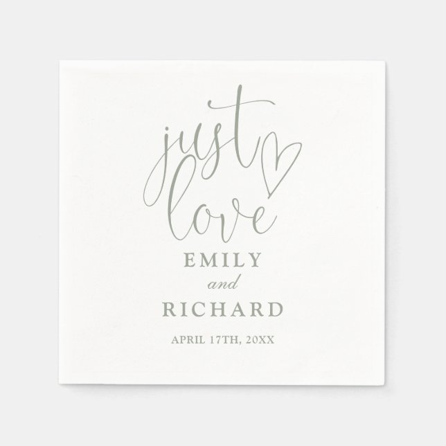 Just Love Script Elegant Sage Green Wedding Napkins (Front)