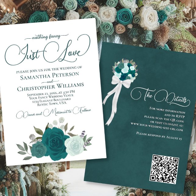 Just Love Teal Roses Boho Floral QR Code Wedding Invitation (Front/Back)
