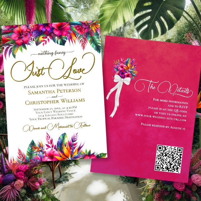 Just Love Tropical Garden Floral QR Code Wedding Invitation (Front/Back)