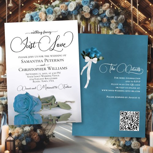 Just Love Turquoise Sky Blue Rose QR Code Wedding Invitation