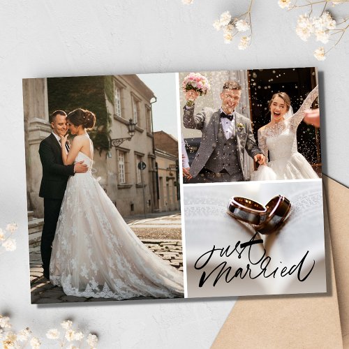 Just Marred 3 Photo Collage Wedding Thank You Postcard