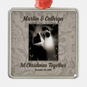 Just Married 1st Christmas Taupe Wedding Metal Ornament