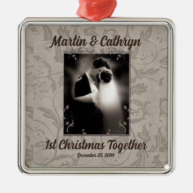 Just Married 1st Christmas Taupe Wedding Metal Ornament (Front)