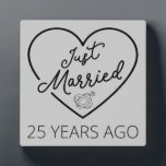 Just Married 25 Years Ago III Plaque<br><div class="desc">Cute design, perfect for anyone who's been married for 25 years and to a wedding vow renewal ceremony. It makes a great matching outfit for couples! 'Just Married 25 Years Ago' quote for a couple who got married 25 years ago or a couple renewing wedding vows on their silver anniversary....</div>